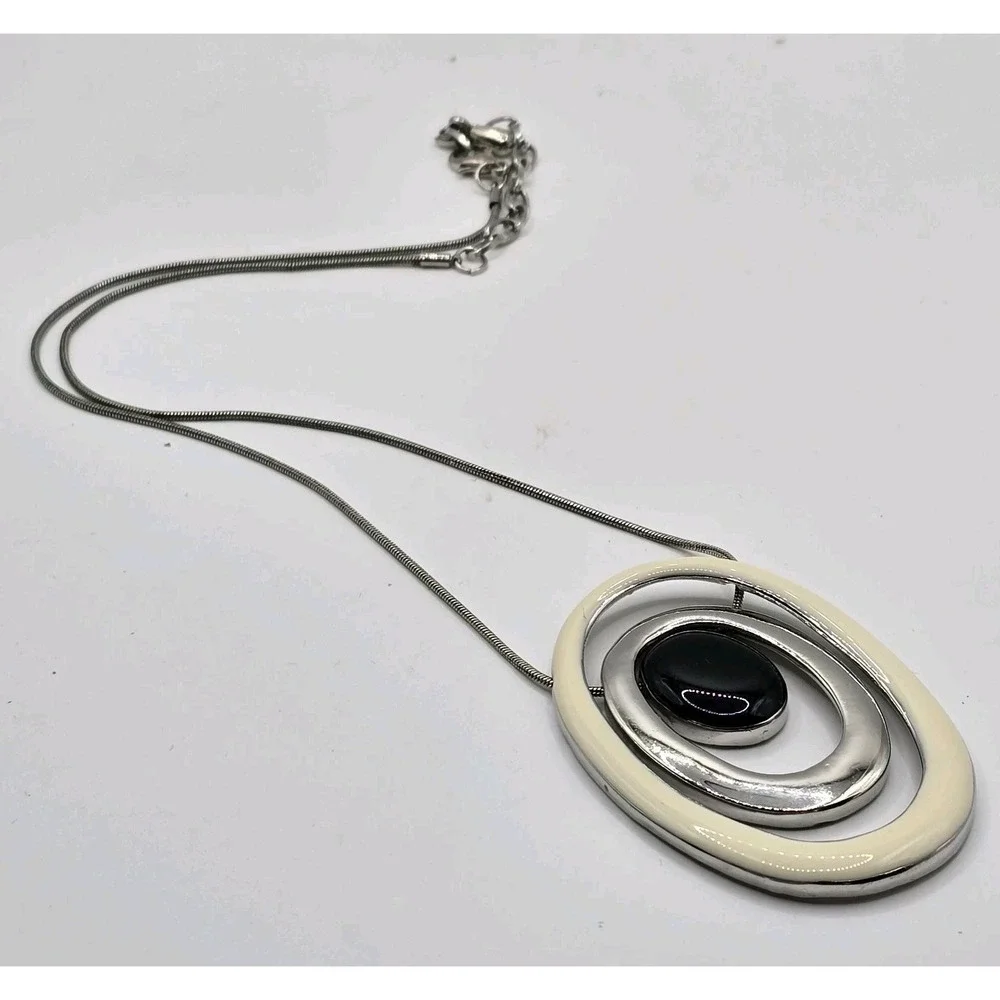 Modern Statement Pendant Necklace Large Oval Black White‎ Silver Tone